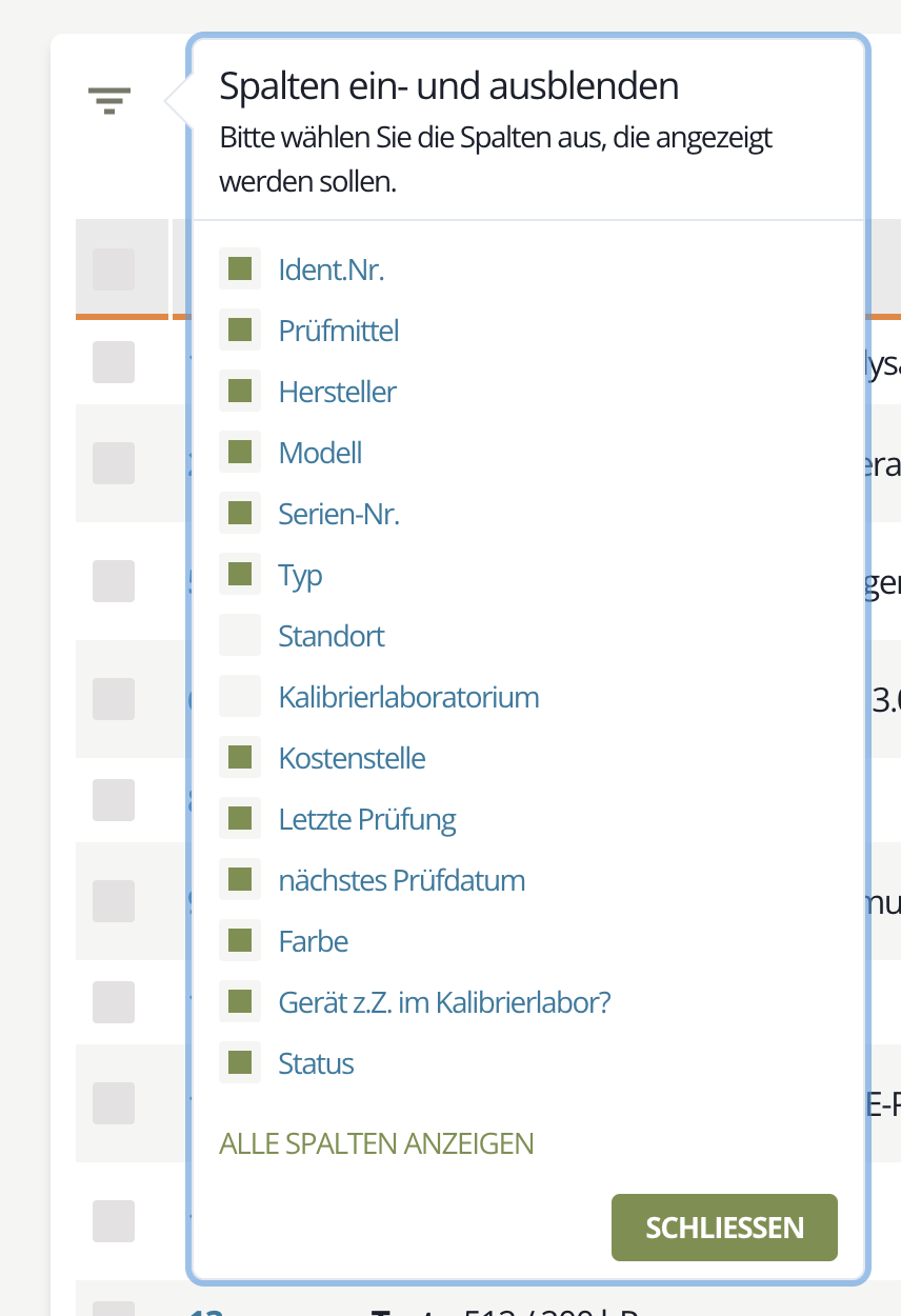 Einstellen, welche Spalten in der Liste angezeigt werden sollen