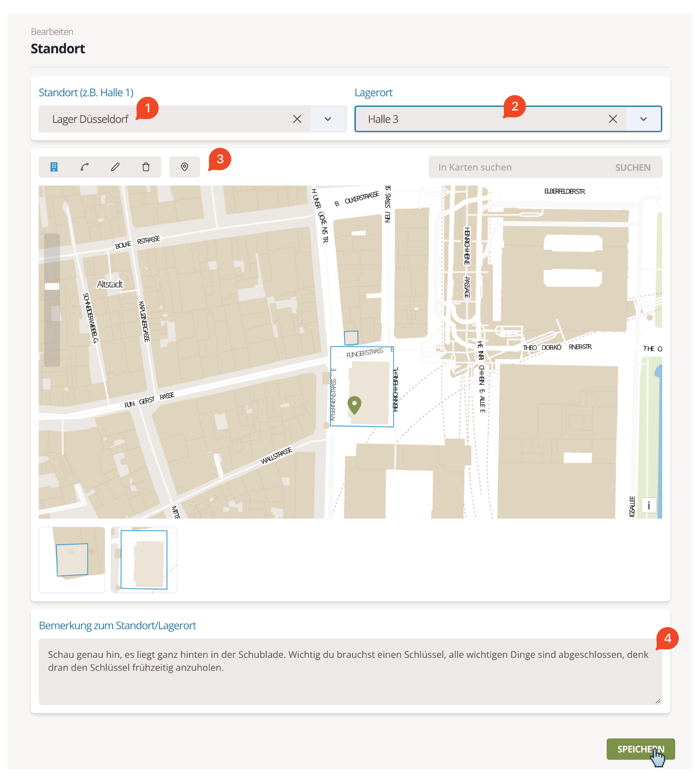 Prüfmittel Standort-Dialog